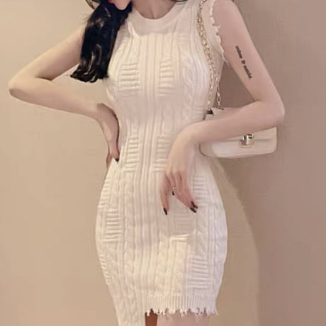 fringe white ノースリワンピ
