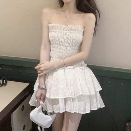 Shirring bare top dress 2色
