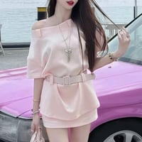 Belted Satin Off Shoulder Set 2色