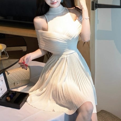 Mesh Shoulder Pleated Dress 2色