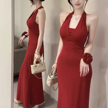 Back Jewel Halter Dress 3色