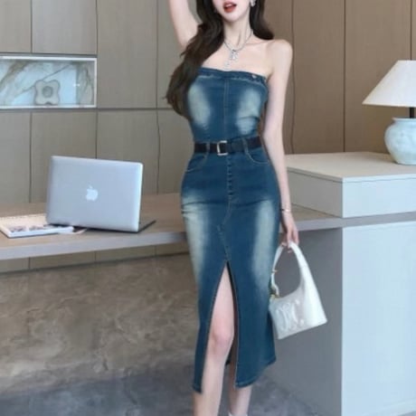 Denim slit long dress