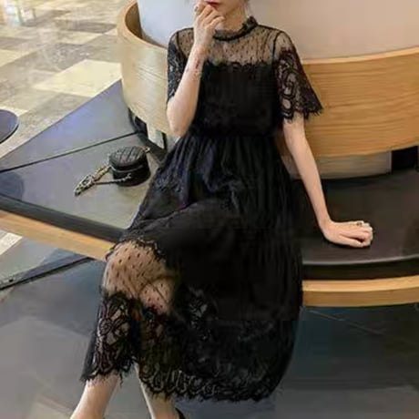 elegant lace 半袖 ワンピ 2色