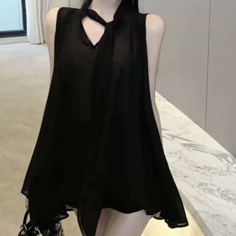 Blackシースルーボウタイトップス