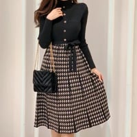 black切り替え 千鳥柄プリーツワンピ
