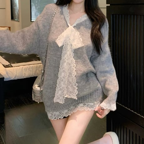 レース×ニットゆるトップス3色