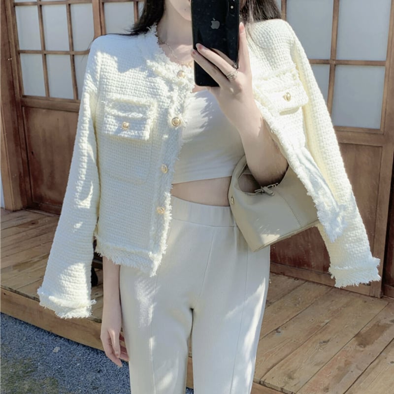 ivory simple tweed jacket | ecrea