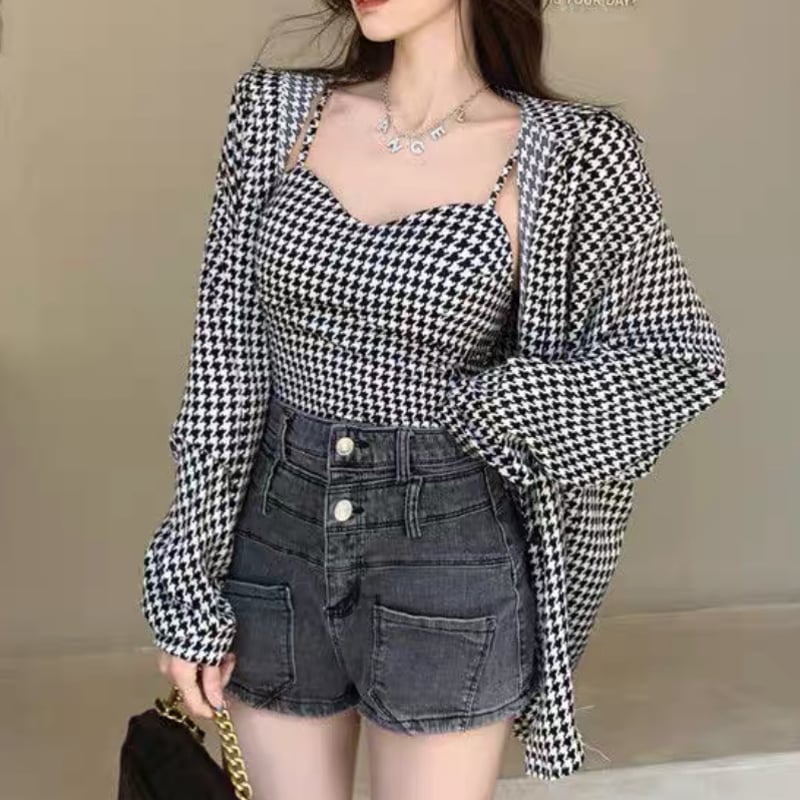 千鳥柄トップス＋シャツセット | ecrea