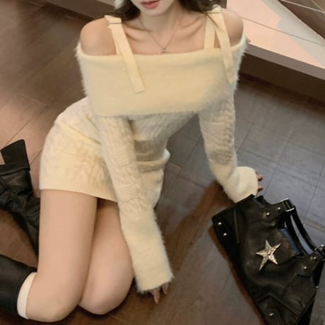 cream オフショル ニットワンピ