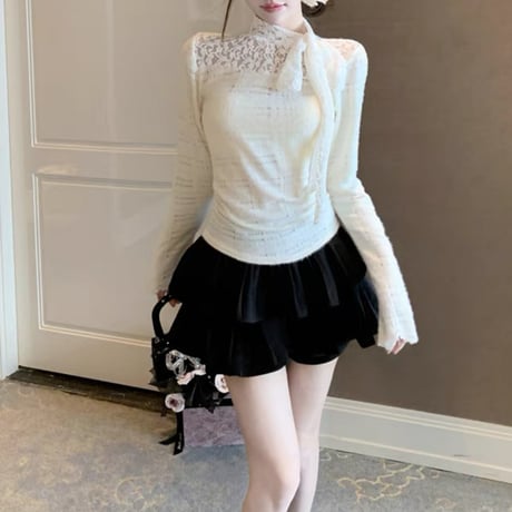 lace デコルテリボン トップス