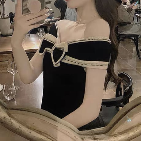 バイカラーオフショルリボンフレアワンピ