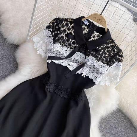 Black×White lace 半袖ワンピ