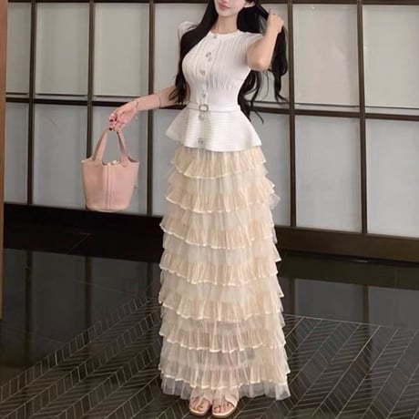 Elegant Pleated Peplum Set Up 2色