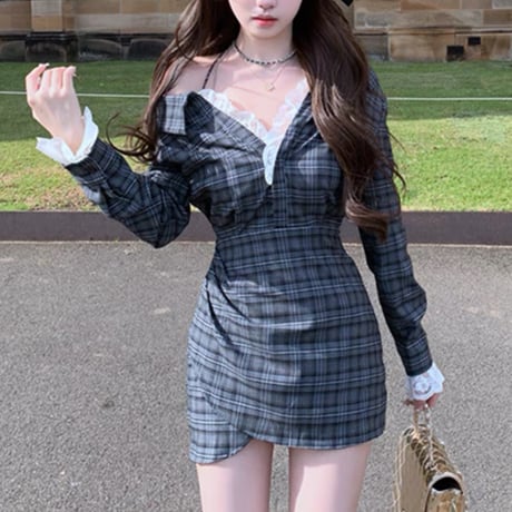 MIU様ご着用♡チェックレース長袖ワンピ