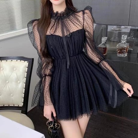 tulle ribbon dress op 2色