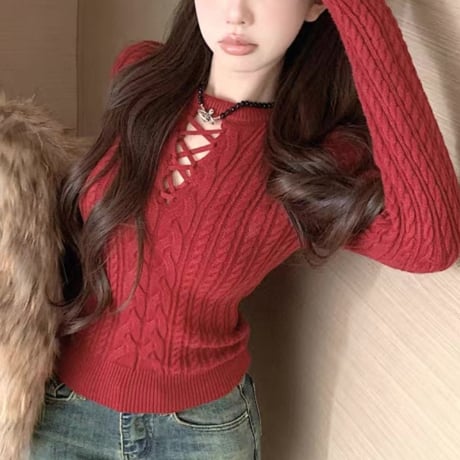 Lace-up Knit Top 5色
