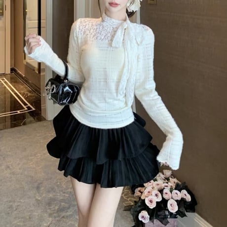 lace デコルテリボン トップス