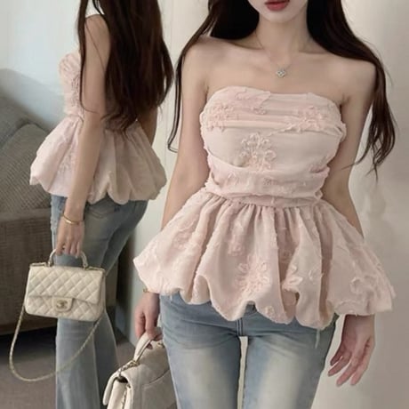 Floral Embroidery Peplum Top 2色