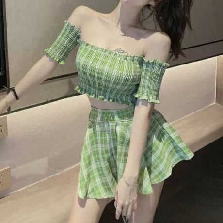 チェック柄フレアスカートセットアップ2色