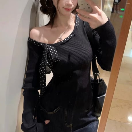ドット×リボン black トップス