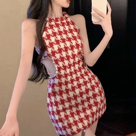 千鳥柄RED ウエストチラ見えワンピ