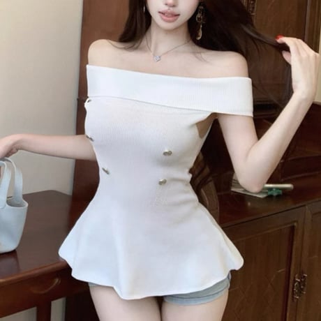 Off shoulder button tops 3色