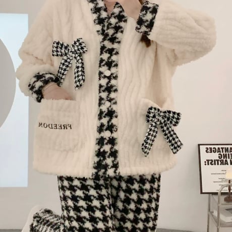 千鳥柄リボンモコモコルームウェア