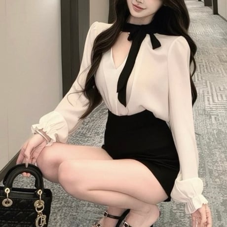 Ribbon Neck Blouse & High Waist Shorts Set