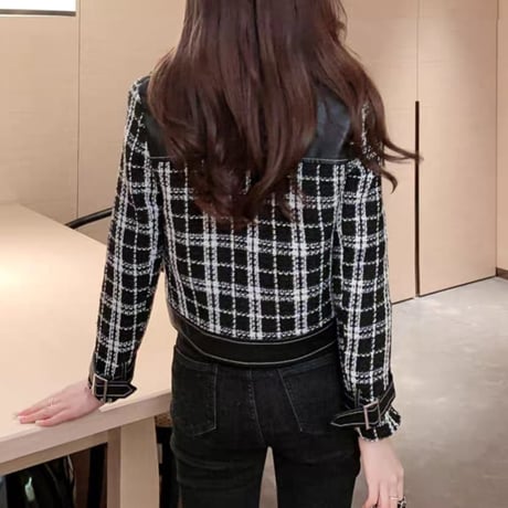 りおめこ様ご着用*.チェック×レザー ジャケット