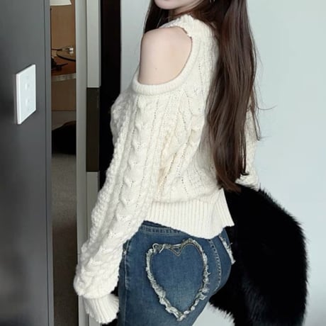 shoulder open knit tops 3色