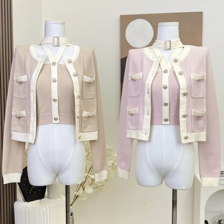 カーデ＋チョーカーデザイントップスset 2色