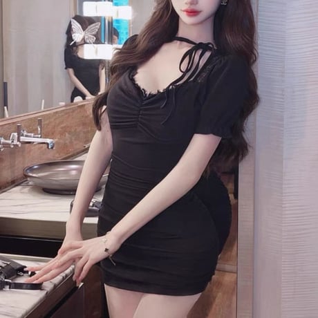 Ribbon Neck Puff Sleeve Dress 2色