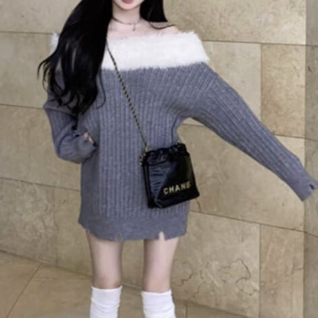 ファー付きダメージゆるニット