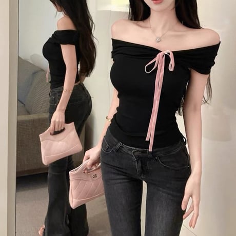 Black Ribbon Off Shoulder Top