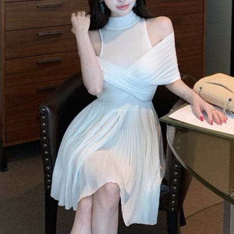 Mesh Shoulder Pleated Dress 2色