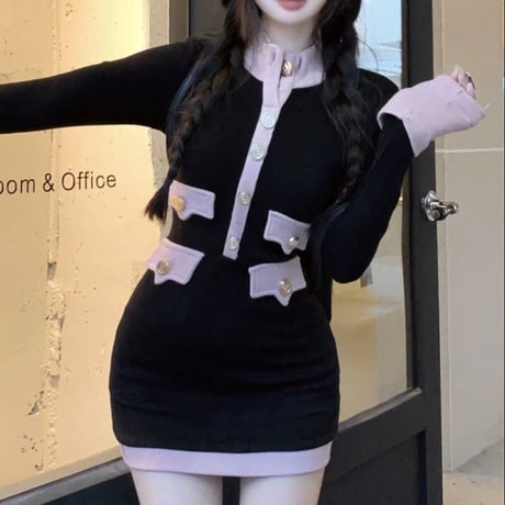 pink×black バイカラータイトミニワンピ