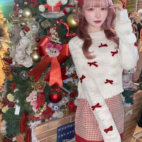 結城里華様♡ぴょん様ご着用♡リボン付きトップス＋red千鳥柄スカートset