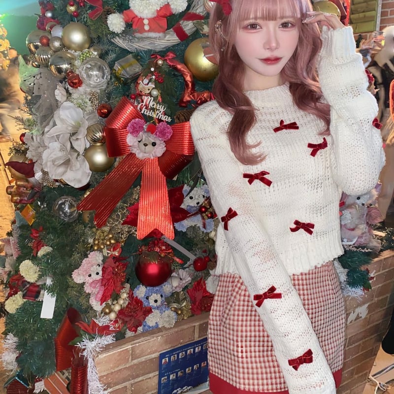 結城里華様♡ぴょん様ご着用♡リボン付きトップス＋red千鳥柄スカート