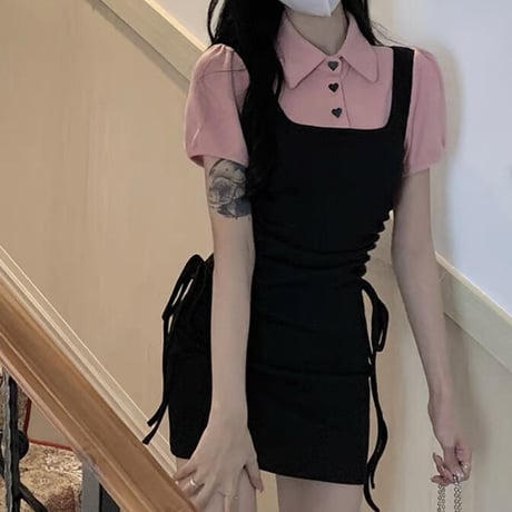 pink×black ハートボタンポロワンピ