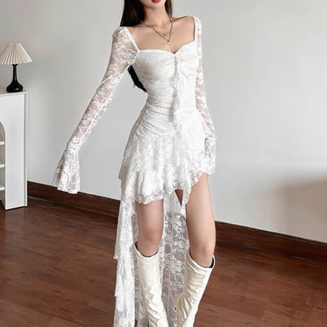 Asymmetry design lace dress 2色