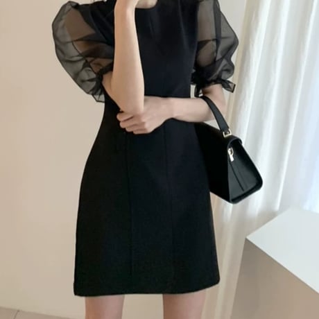 black パフスリ シースルー ワンピ