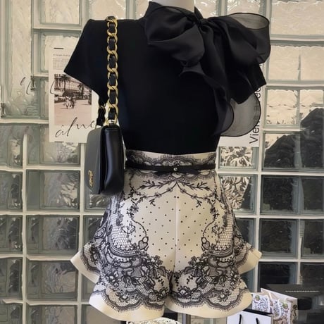 Ribbon Blouse & Lace Mini Skirt Set