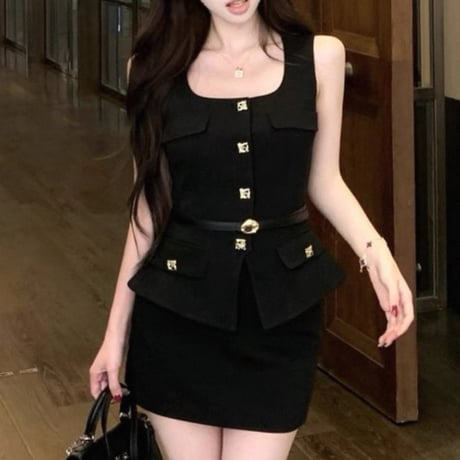Square Gold Button Peplum Mini Set
