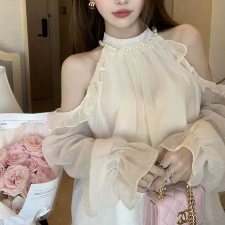 パールネックレスシフォントップス 2色