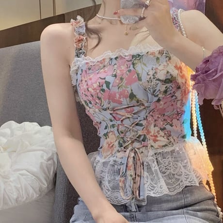 flower lace レースアップtops
