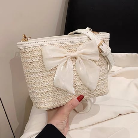 リボン付きstraw bag 2色