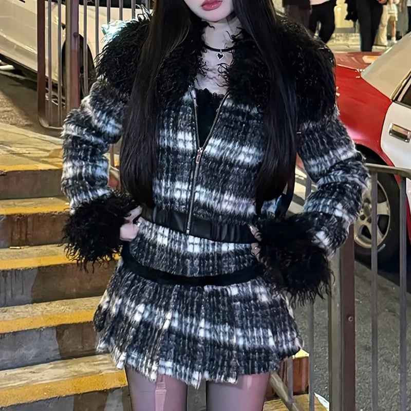 ブラックファー付きチェックセットアップ | ecrea