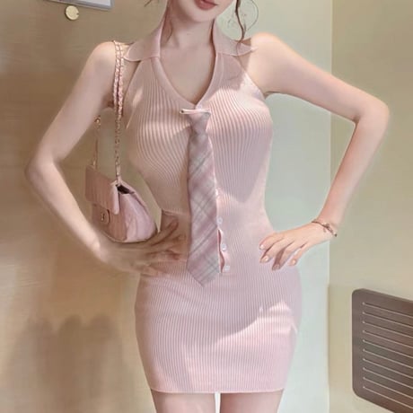 Check Tie Rib Knit Onepiece