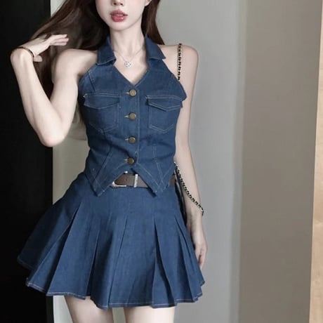 Denim Halter Pleated Set