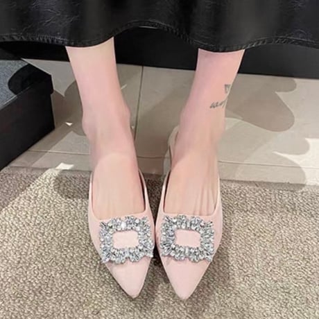 Crystal Buckle Pointed Mules 3色